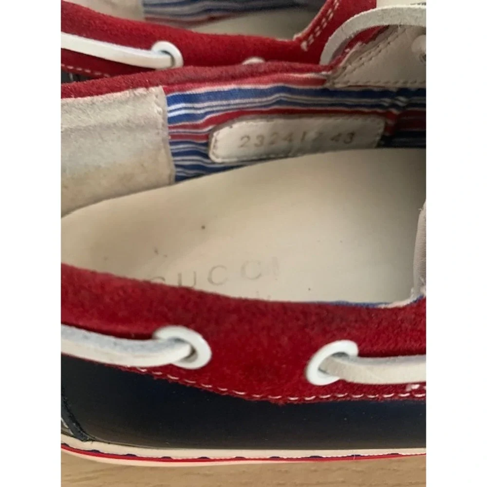 Gucci Mens Boat Shoes 232417 Red White Navy Patent Leather Suede Deck Shoes 9.5